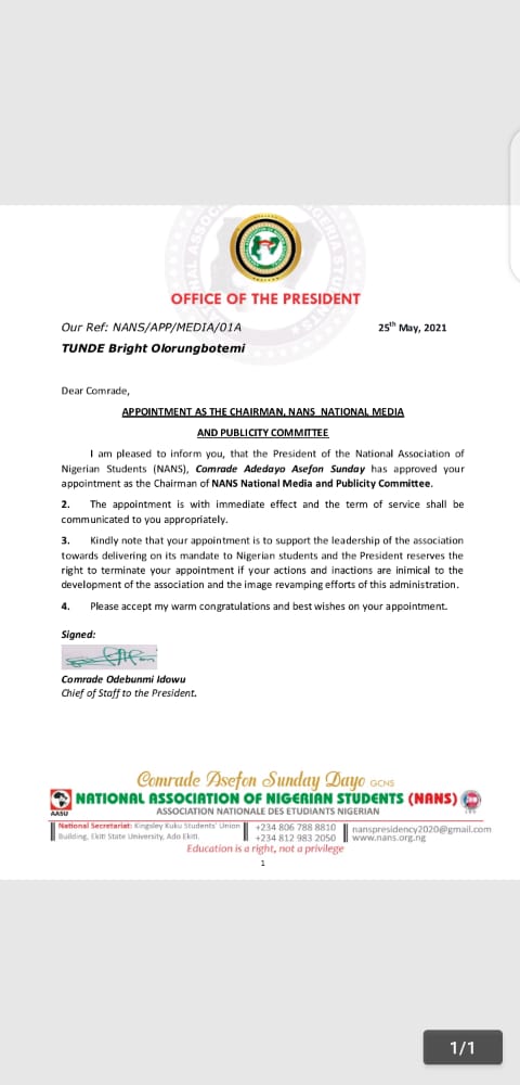 NANS Appoints Bright Olorungbotemi As The National Chairman Media And Publicity Committee
