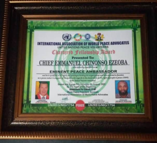 Ezeoba Foundation Founder Honoured As Eminent Peace Ambassador