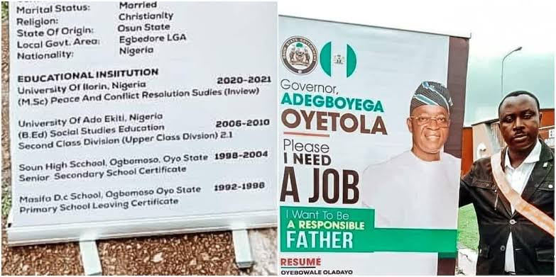 Oladayo Oyebowale: Nigerian graduate erects banner at Osun secretariat to beg Governor Oyetola For Job- Photos