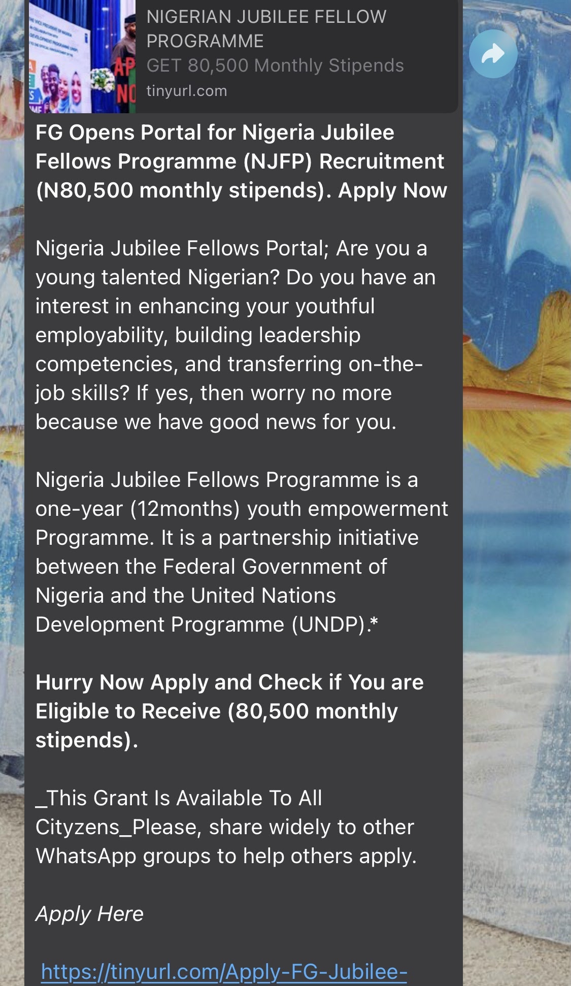 Message Asking Nigerians To Apply For FG’s Jubilee Fellows Programme Recruitment Is False
