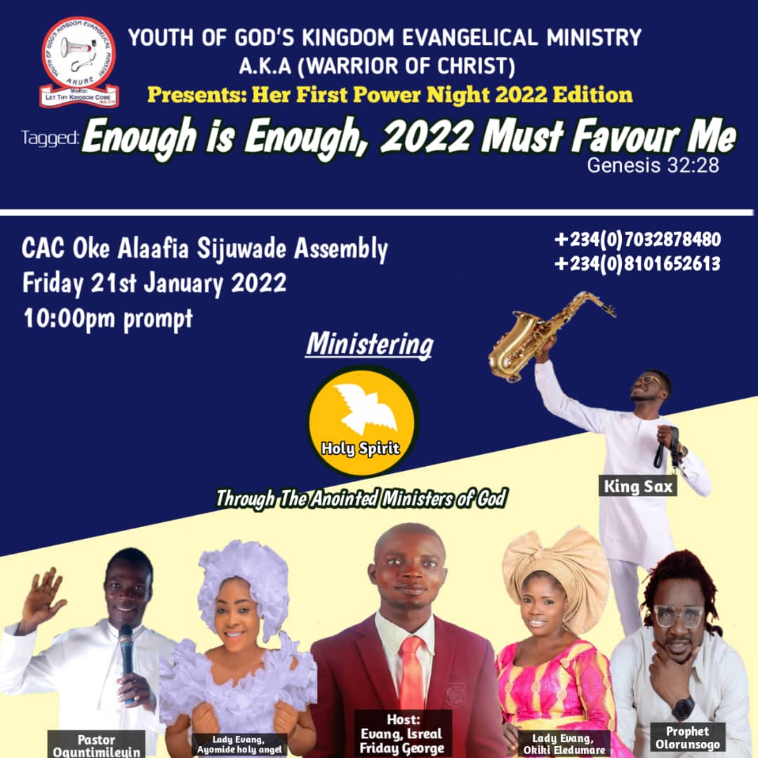 Youth of God’s Kingdom Evangelical Ministry Invites Residents to “2022 Must Favour Me” programme on Friday in Akure
