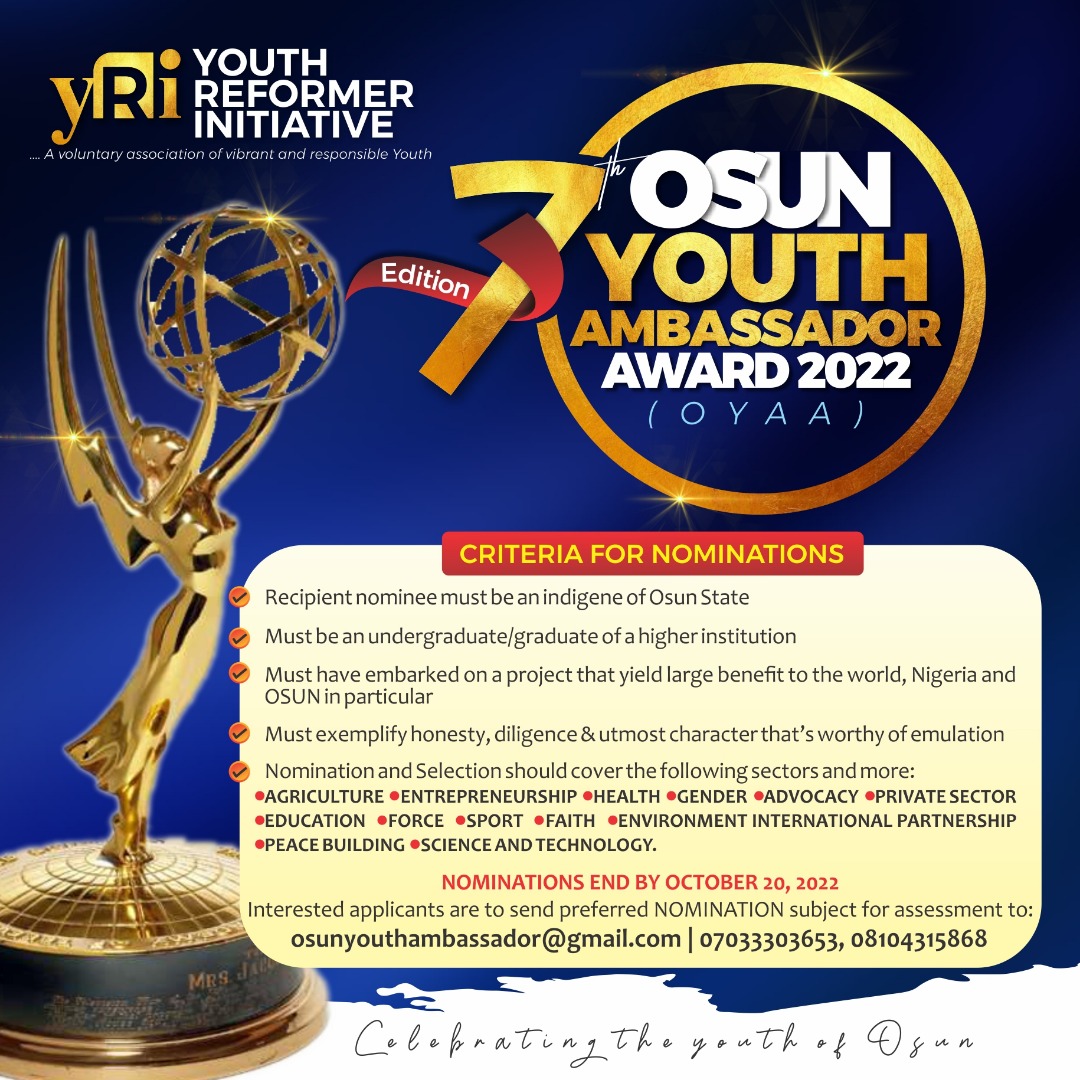 Osun Youths Ambassador Award: Nomination For 7th Edition Is Out (How To Apply)