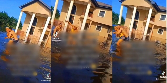 Man celebrates as heavy flood give them ‘free swimming pool’