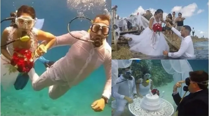 Couple makes waves online after getting married underwater
