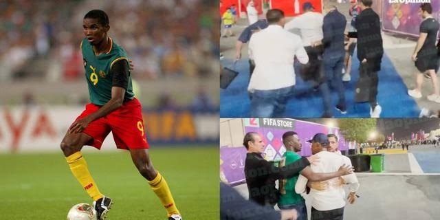 VIDEO: Samuel Eto’o attacks Man outside World Cup, Knocks Him Down With Heavy Blow