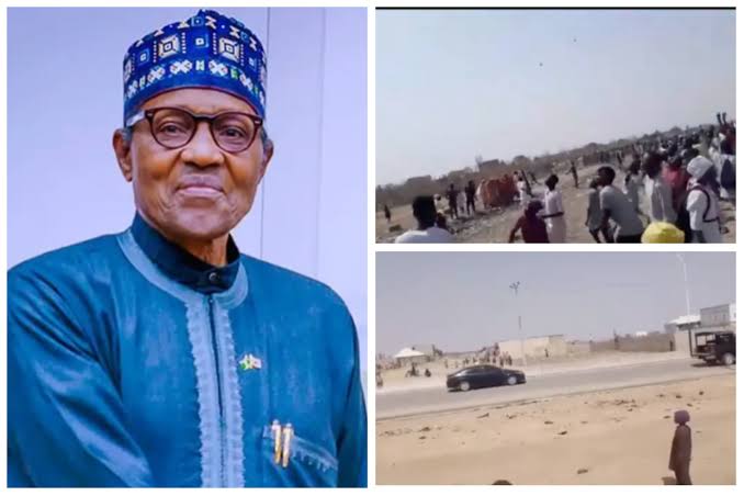 Mob hauls stones on Helicopter in Buhari’s convoy during visit