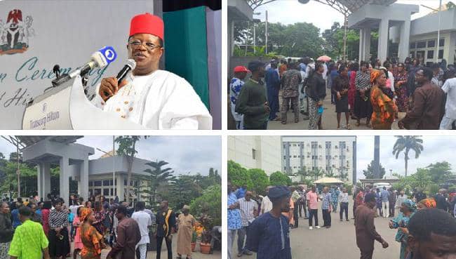 Tension As Protesting Workers Lock Minister David Umahi Inside His Office